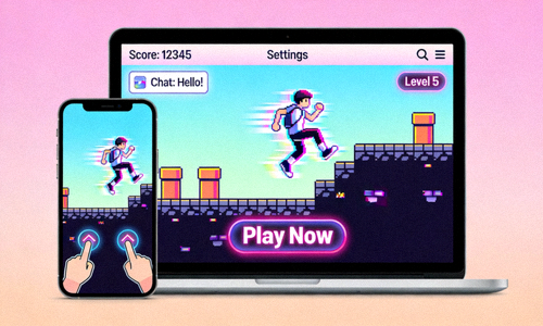 Ilustrasi antarmuka platform game online modern di laptop dan smartphone